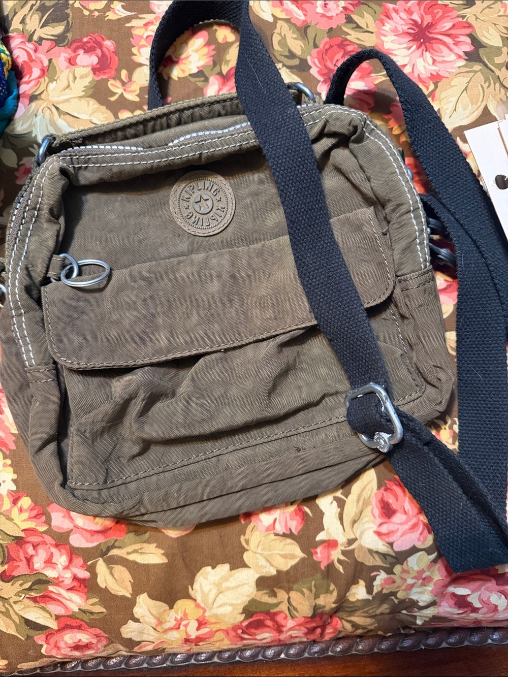 Kipling Olive Brown Crossbody Messenger Bag with Black Strap